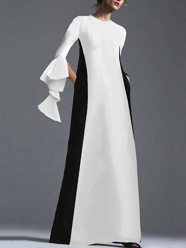 Contrast Color Pockets A-Line Flared Sleeves Round-Neck Maxi Dresses