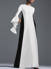 Contrast Color Pockets A-Line Flared Sleeves Round-Neck Maxi Dresses