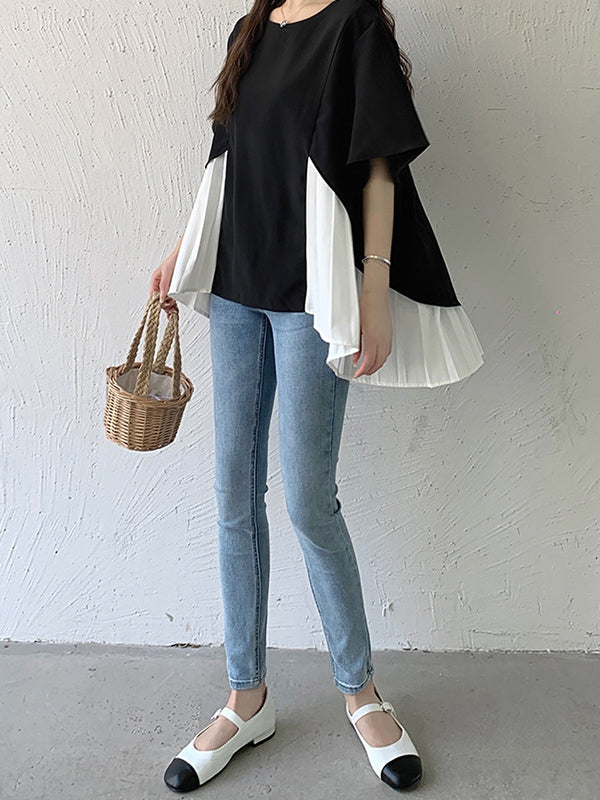 Split-Joint Half Sleeves Irregularity Round-Neck T-Shirts Tops