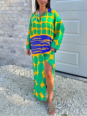 Buttoned Printed Long Sleeves Loose Lapel Shirt Dress Maxi Dresses