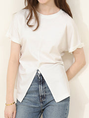 Pleated Solid Color Split-Front Split-Joint Batwing Sleeves Loose Round-Neck T-Shirts