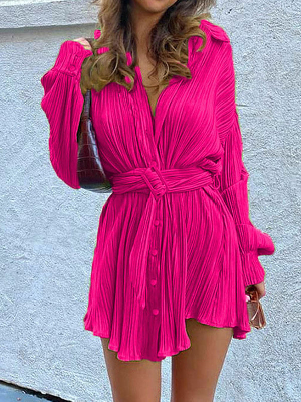 Buttoned Pleated Solid Color Tied Waist Long Sleeves Lapel Shirt Dress Mini Dresses