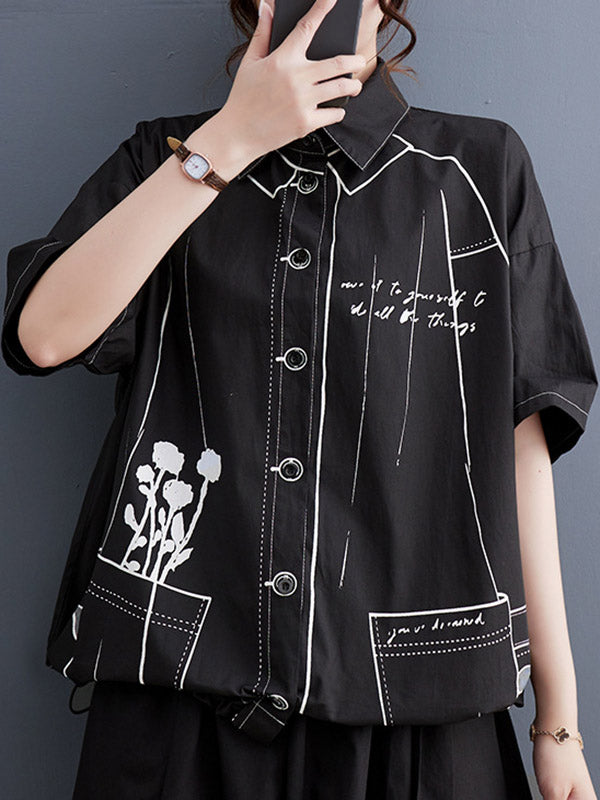 Buttoned Printed Loose Short Sleeves Lapel Blouses&Shirts Tops