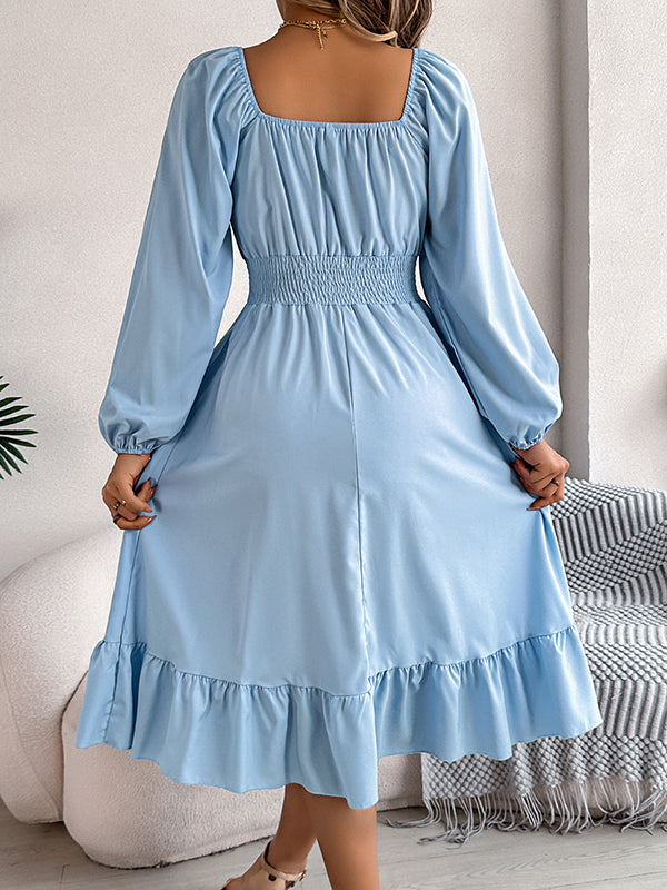 Pleated Ruffled Solid Color A-Line Elasticated Waist Square-Neck Midi Dresses