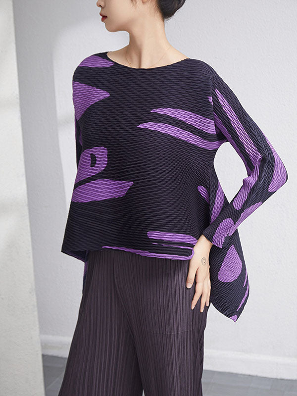 Casual Irregularity Loose Printed Pleated Round-Neck T-Shirts Tops