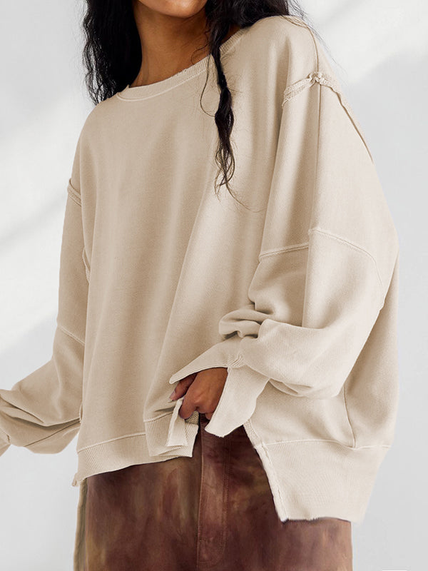 Fringed Solid Color Split-Joint Split-Side Long Sleeves Loose Round-Neck Sweatershirt