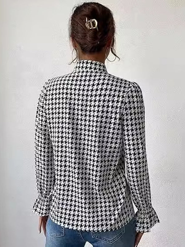 Elasticity Houndstooth Split-Joint Long Sleeves Loose V-Neck Blouses&Shirts Tops