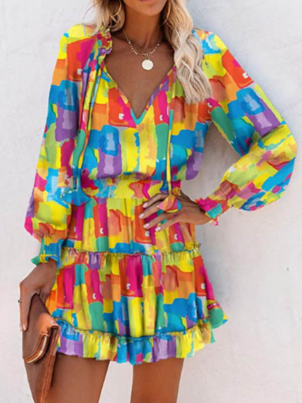 Contrast Color Pleated Split-Joint Tied A-Line Long Sleeves V-Neck Mini Dresses