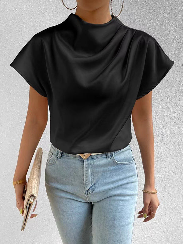 Pleated Solid Color Loose Short Sleeves Mock Neck T-Shirts Tops