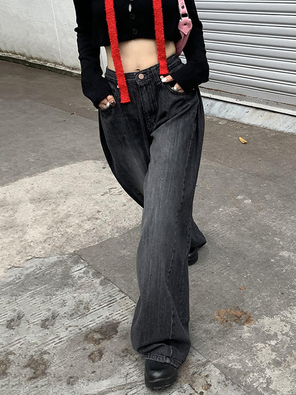 Pleated Split-Joint High Waisted Loose Jean Pants Bottoms