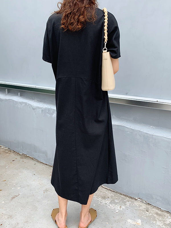 Loose Solid Color V-Neck Pleated With Pockets Midi Dresses