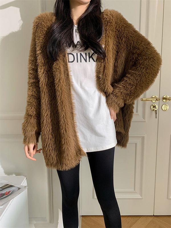 Casual Long Sleeves Loose Solid Color V-Neck Cardigan Tops