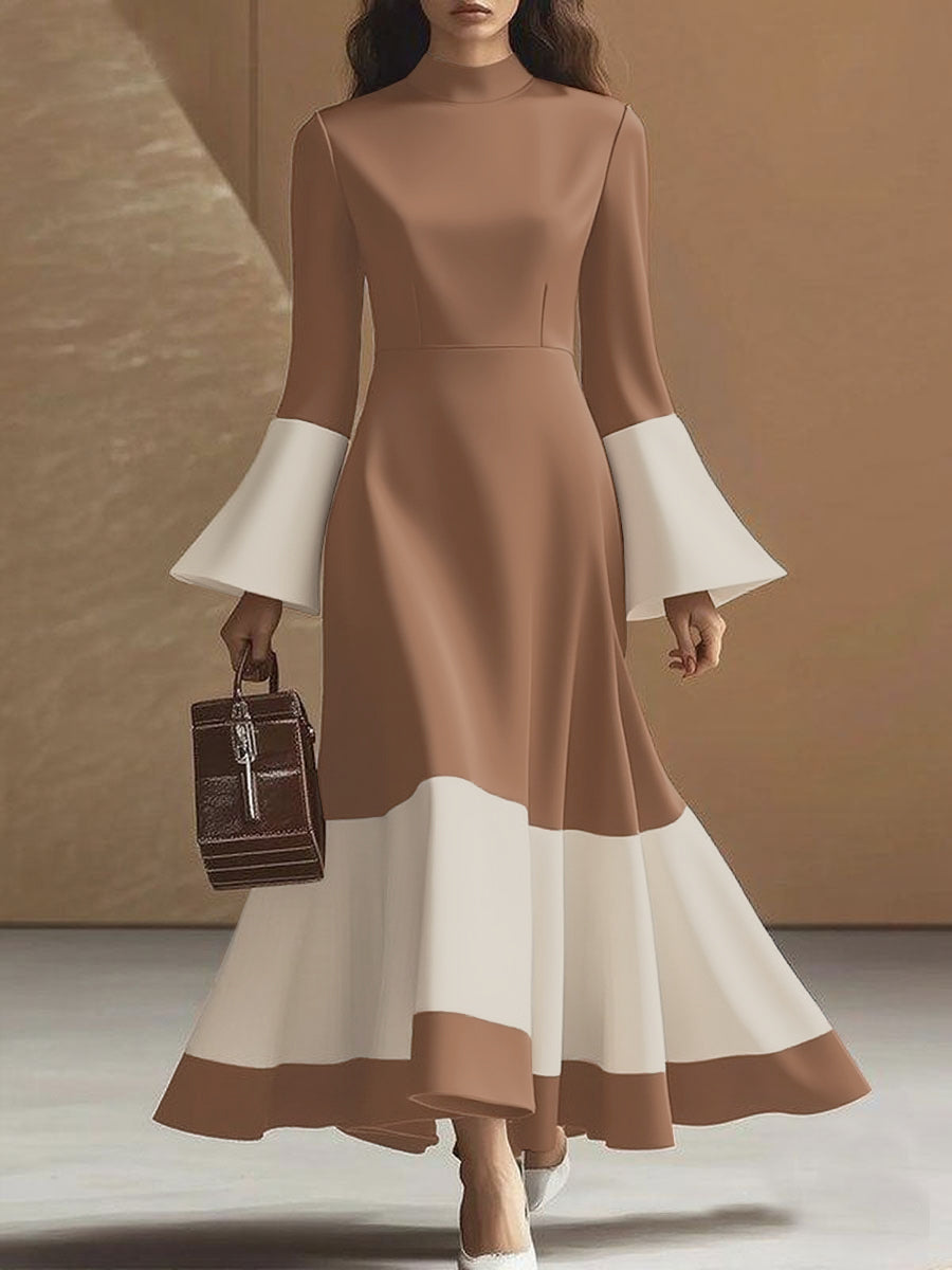 Contrast Color Pleated Split-Joint Flared Sleeves High Waisted Mock Neck Maxi Dresses