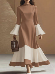 Contrast Color Pleated Split-Joint Flared Sleeves High Waisted Mock Neck Maxi Dresses