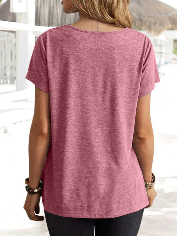 Solid Color Loose Short Sleeves U-Neck T-Shirts Tops