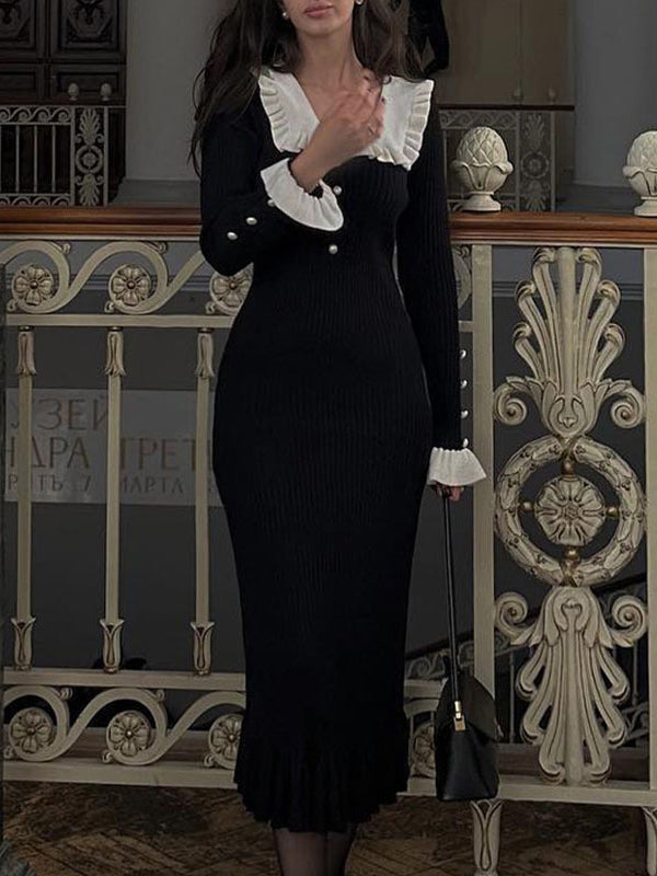 Pleated Ruffled Split-Joint Long Sleeves Peter Pan Collar Sweater Dresses Midi Dresses