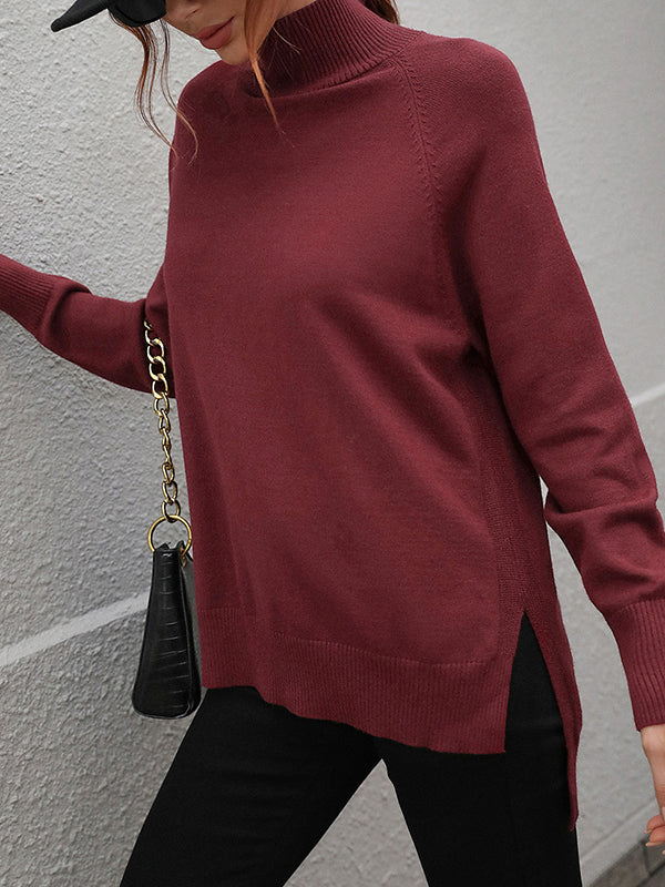 Solid Color Split-Side High-Low Long Sleeves High Neck Sweater Tops Pullovers