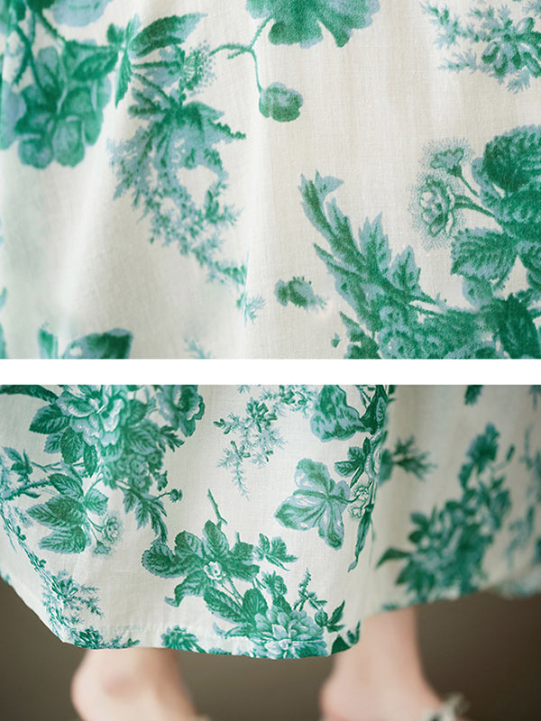 Floral Printed Pleated Split-Joint Loose Short Sleeves Round-Neck Midi Dresses