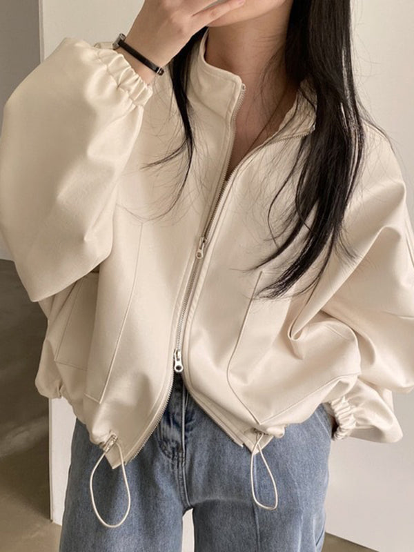 Drawstring Solid Color Zipper Long Sleeves Loose Stand Collar Outerwear Jackets