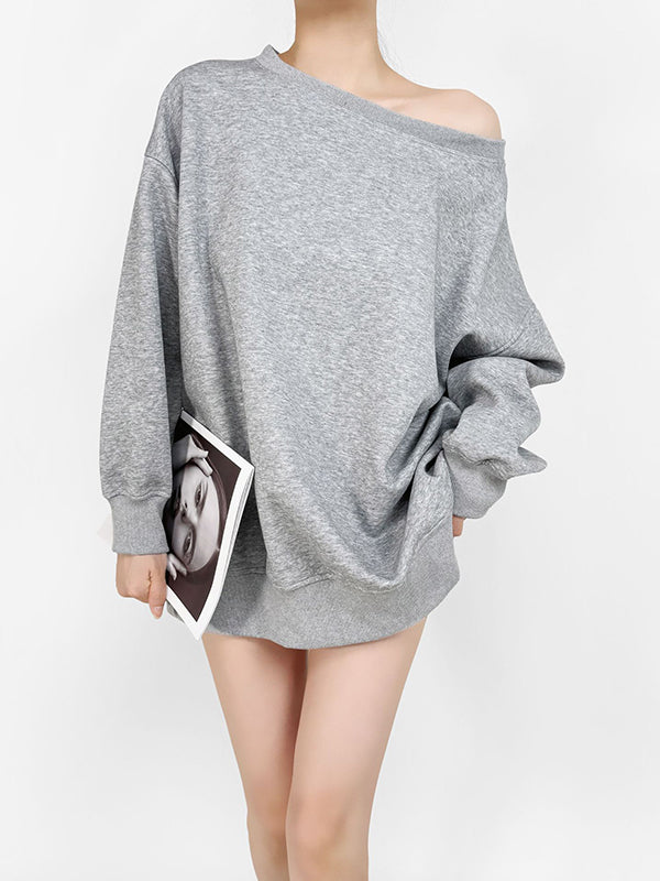 Solid Color Split-Joint Long Sleeves Loose Round-neck Sweatshirt Tops
