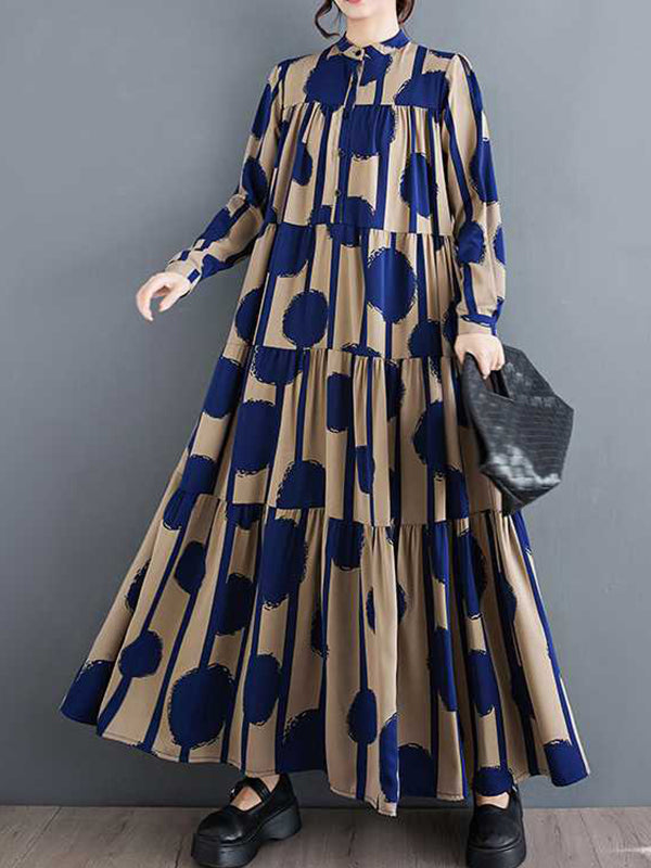 Buttoned Pleated Polka-Dot Split-Joint A-Line Long Sleeves Stand Collar Shirt Dress Maxi Dresses