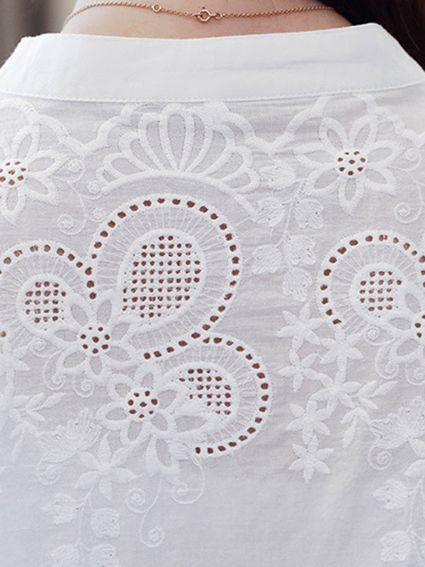 Vintage Half Sleeves Hollow Embroidered White Blouse