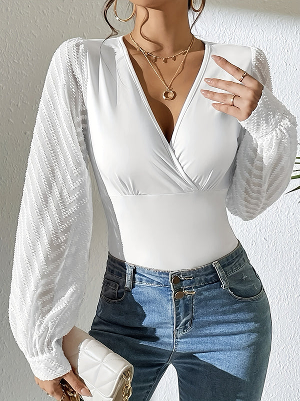Hollow Pleated Solid Color Split-Joint Long Sleeves Deep V-Neck Blouses&shirts Tops