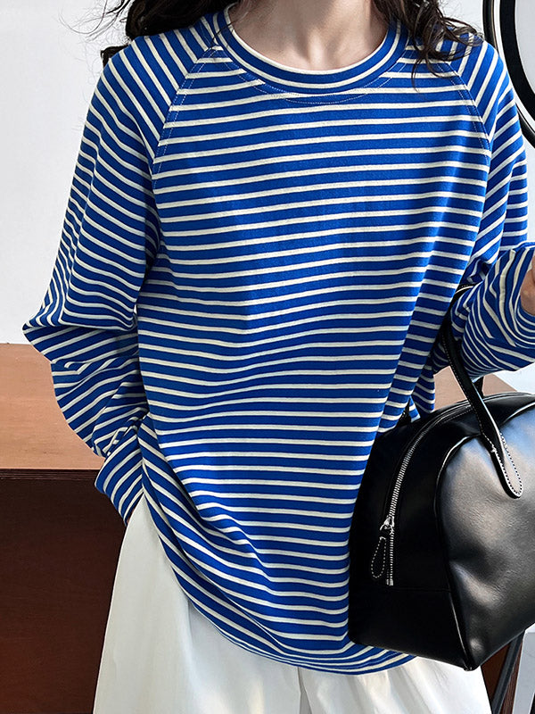 Contrast Color Striped Long Sleeves Loose Round-neck Sweatshirt Tops
