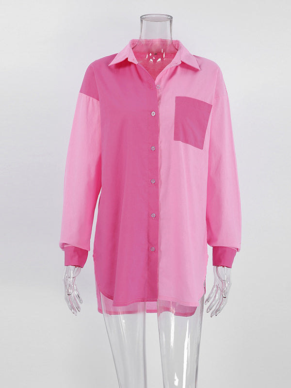 Buttoned Contrast Color Pockets Split-side High-low Long Sleeves Lapel Blouses&shirts Tops