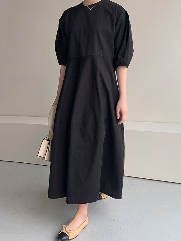 Casual Round-Neck Bishop Sleeve Loose Solid Color Midi Dress