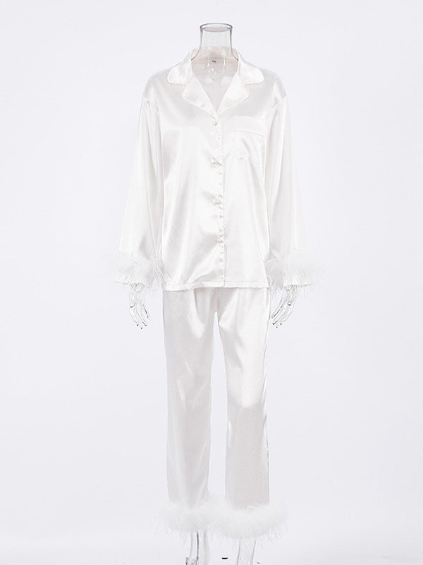 Notched Collar Long Sleeves Buttoned Feathers Split-Joint Shirts Top + Pants Bottom Pajama Sets