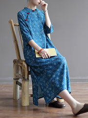 Original Solid Floral Stand Collar Midi Dress