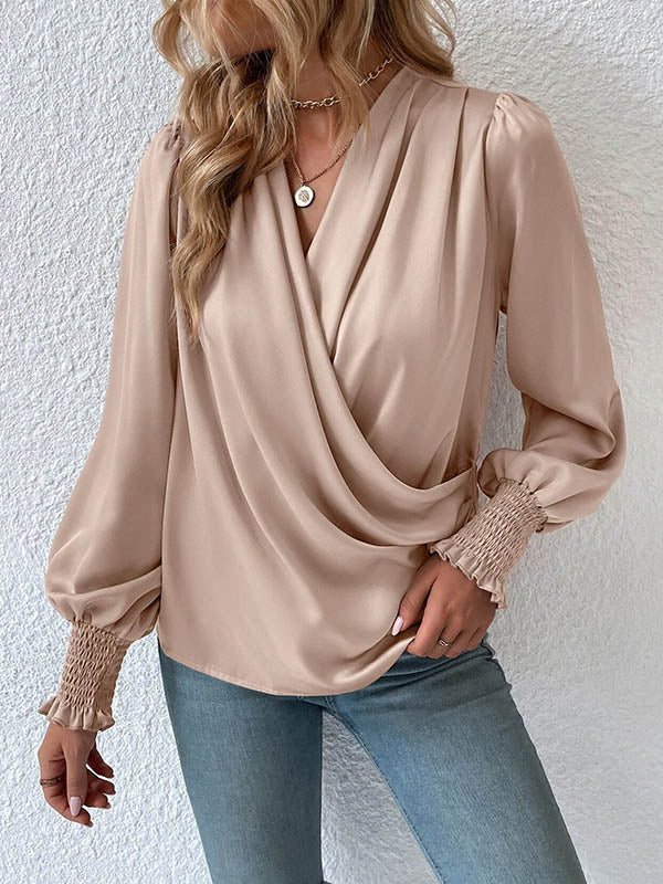 Elasticity Solid Color Long Sleeves Loose V-Neck Blouses&Shirts Tops
