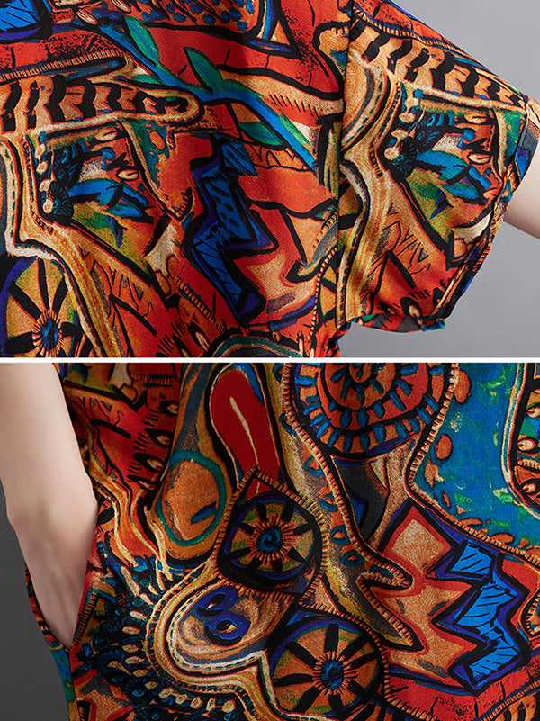 Original Artistic Retro Loose Printed Contrast Color Midi Dress