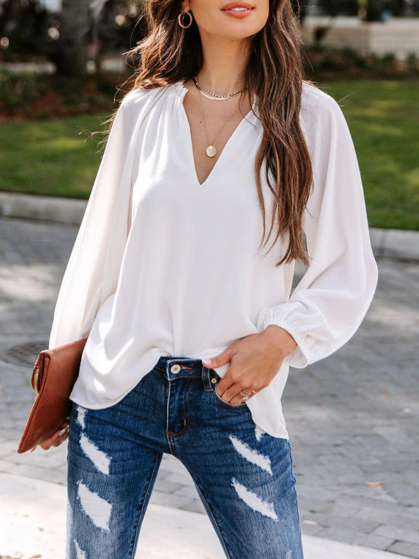 Elasticity Pleated Ruffle Trim Solid Color Long Sleeves Loose Deep V-Neck T-Shirts Tops