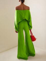 Solid Color Split-Joint Batwing Sleeves Loose Off-The-Shoulder Blouses