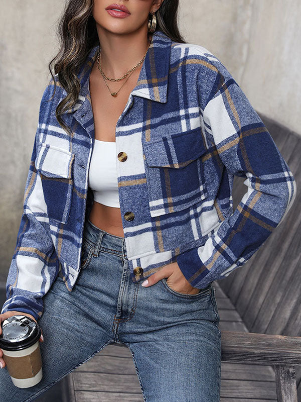 Buttoned Plaid Pockets Split-Joint Long Sleeves Loose Lapel Outerwear Jackets