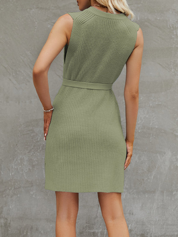 Solid Color Split-Side Tied Waist A-Line Loose Round-Neck Sweater Dresses Mini Dresses