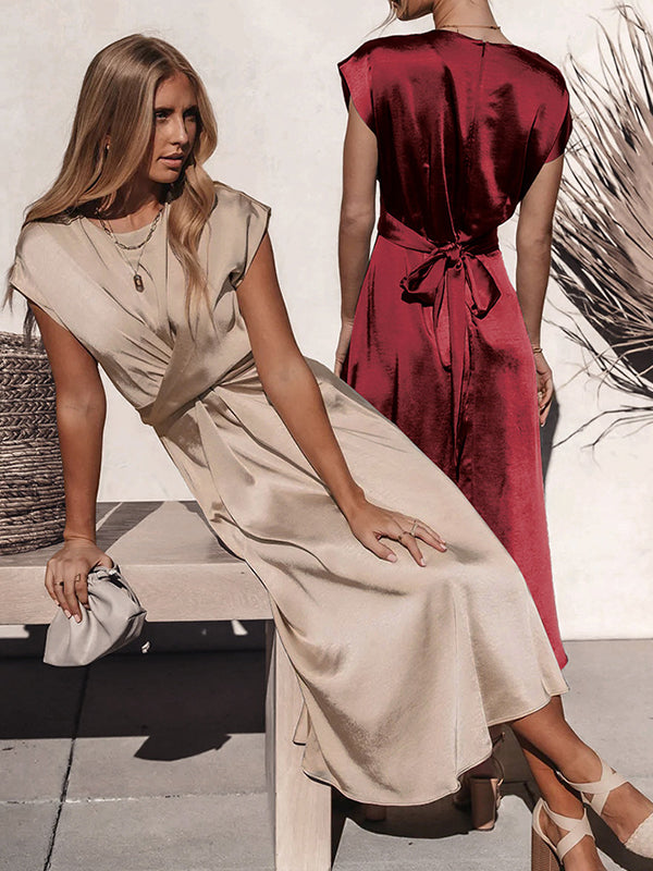 Solid Color Split-Joint Tied Waist Loose Short Sleeves Round-neck Midi Dresses