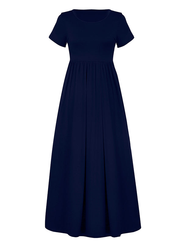 Pleated Pockets Solid Color Split-Joint High Waisted Short Sleeves Round-Neck Maxi Dresses