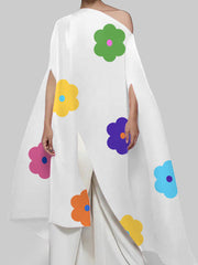 Asymmetric Flower Print Split-front Batwing Sleeves High-low One-shoulder Blouses&shirts Tops