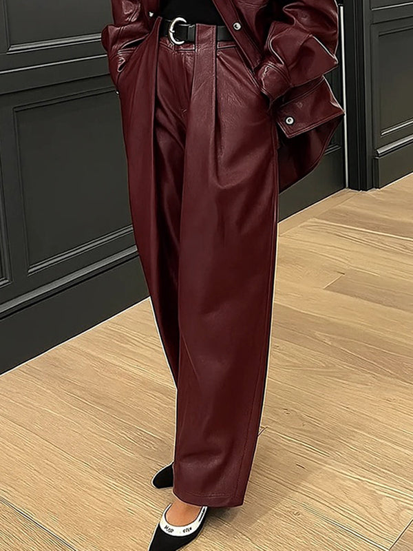 No Belt Pleated Pockets Solid Color High Waisted Wide Leg Trousers Pants