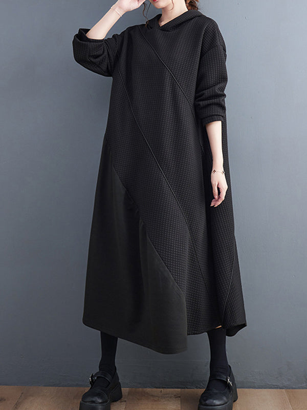 Casual Loose Long Sleeves Solid Color Hooded Midi Dresses