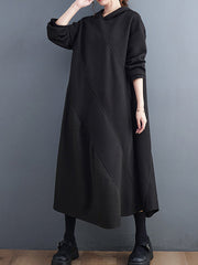 Casual Loose Long Sleeves Solid Color Hooded Midi Dresses