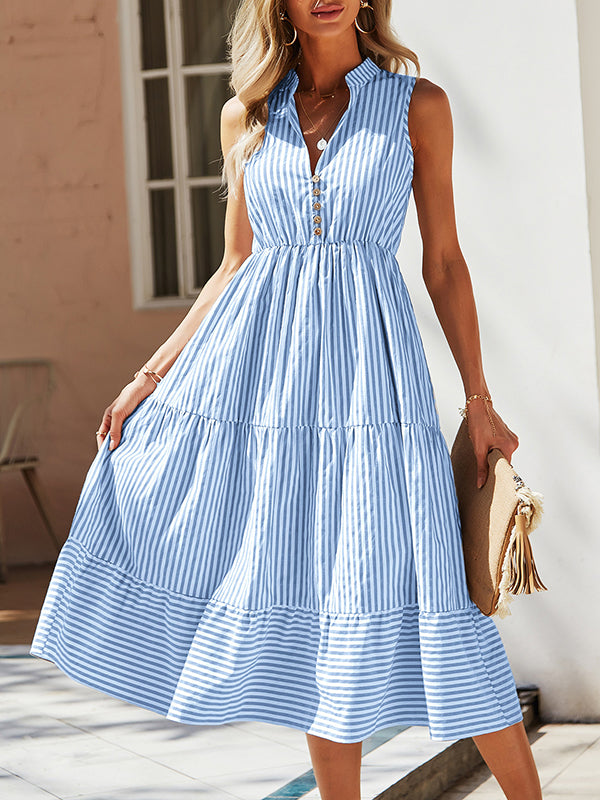 Buttoned Split-Joint Striped A-Line High Waisted V-Neck Midi Dresses