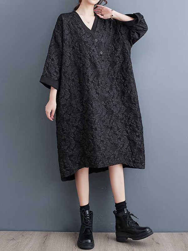 Asymmetric Buttoned Jacquard A-line Half Sleeves V-neck Midi Dresses