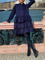 Buttoned Elasticity Layered Solid Color Flared Sleeves Long Sleeves V-Neck Mini Dresses