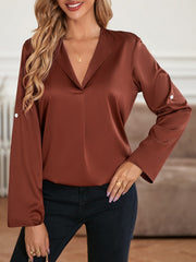 Elasticity Solid Color Long Sleeves Loose V-neck Blouses&shirts Tops