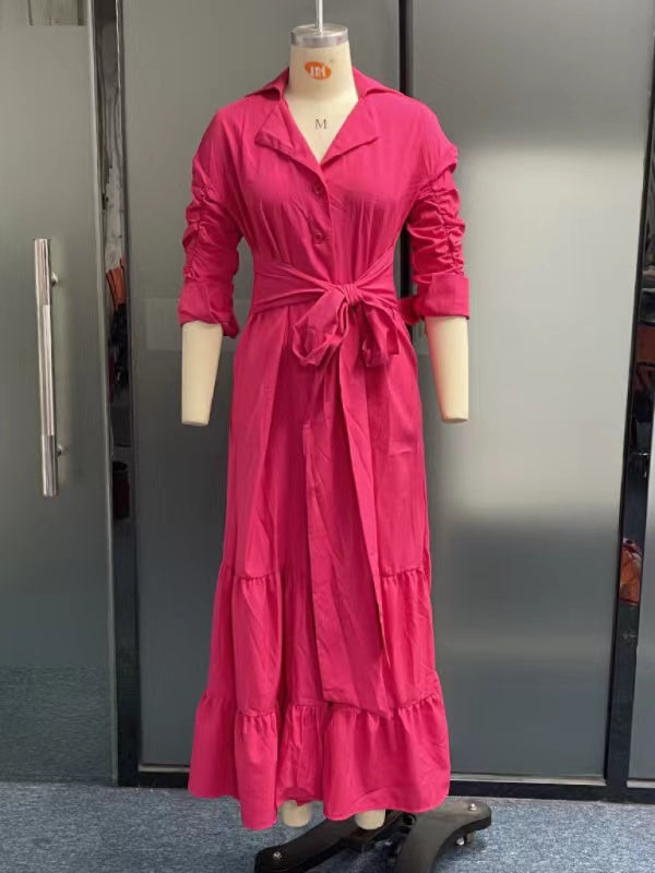 A-Line Half Sleeves Buttoned Solid Color Tied Waist Polo Maxi Dresses