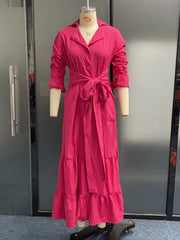 A-Line Half Sleeves Buttoned Solid Color Tied Waist Polo Maxi Dresses